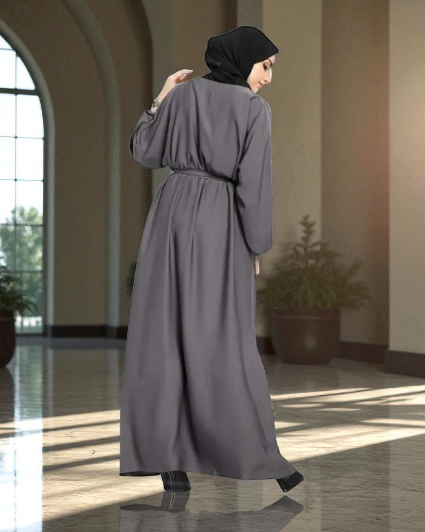 Closed Abaya In Nida Satin Fabric With Flared Bottom And Fabric Belt