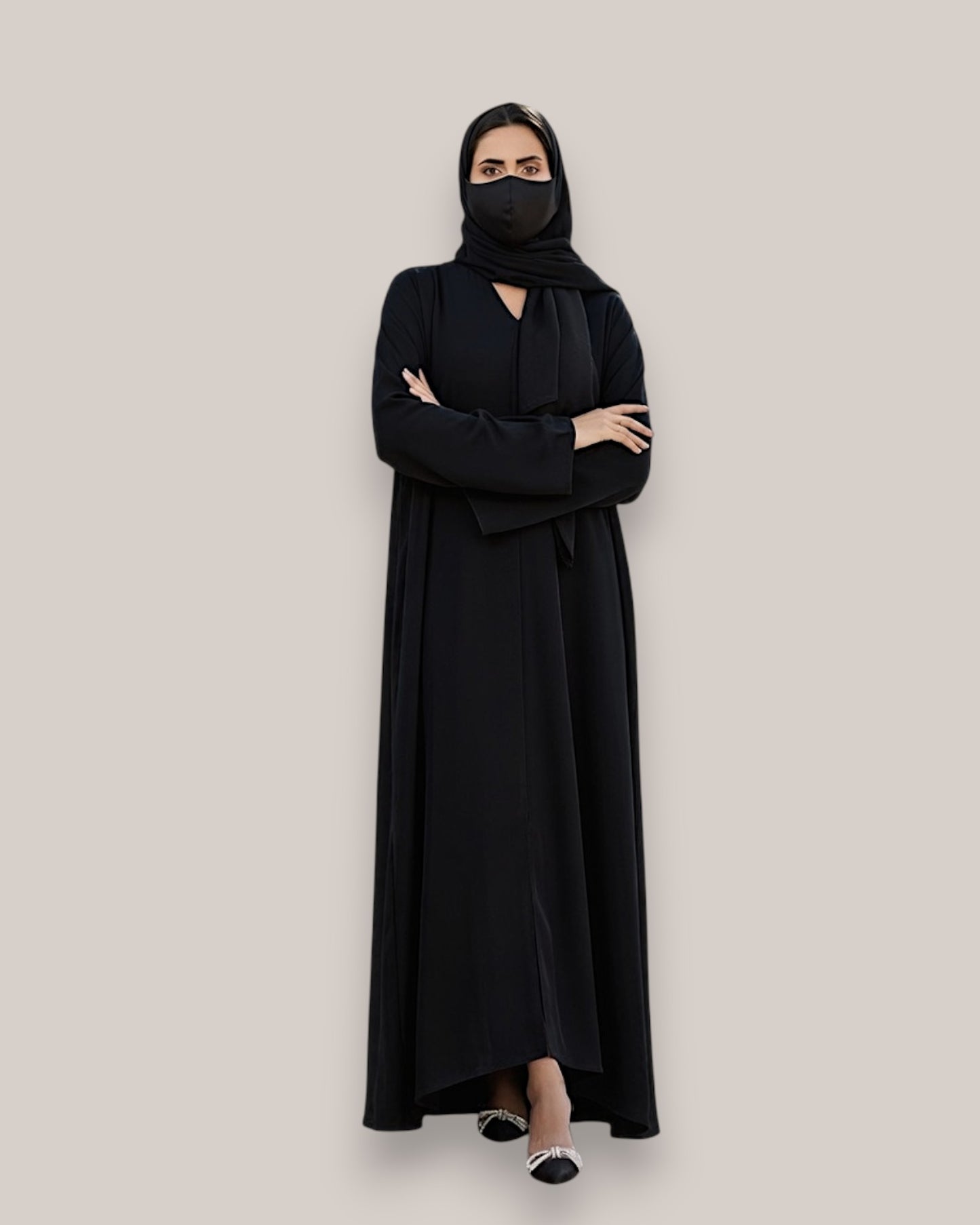 Elegant Front Open Firdaus Abaya with V-Neck & Hijab Set