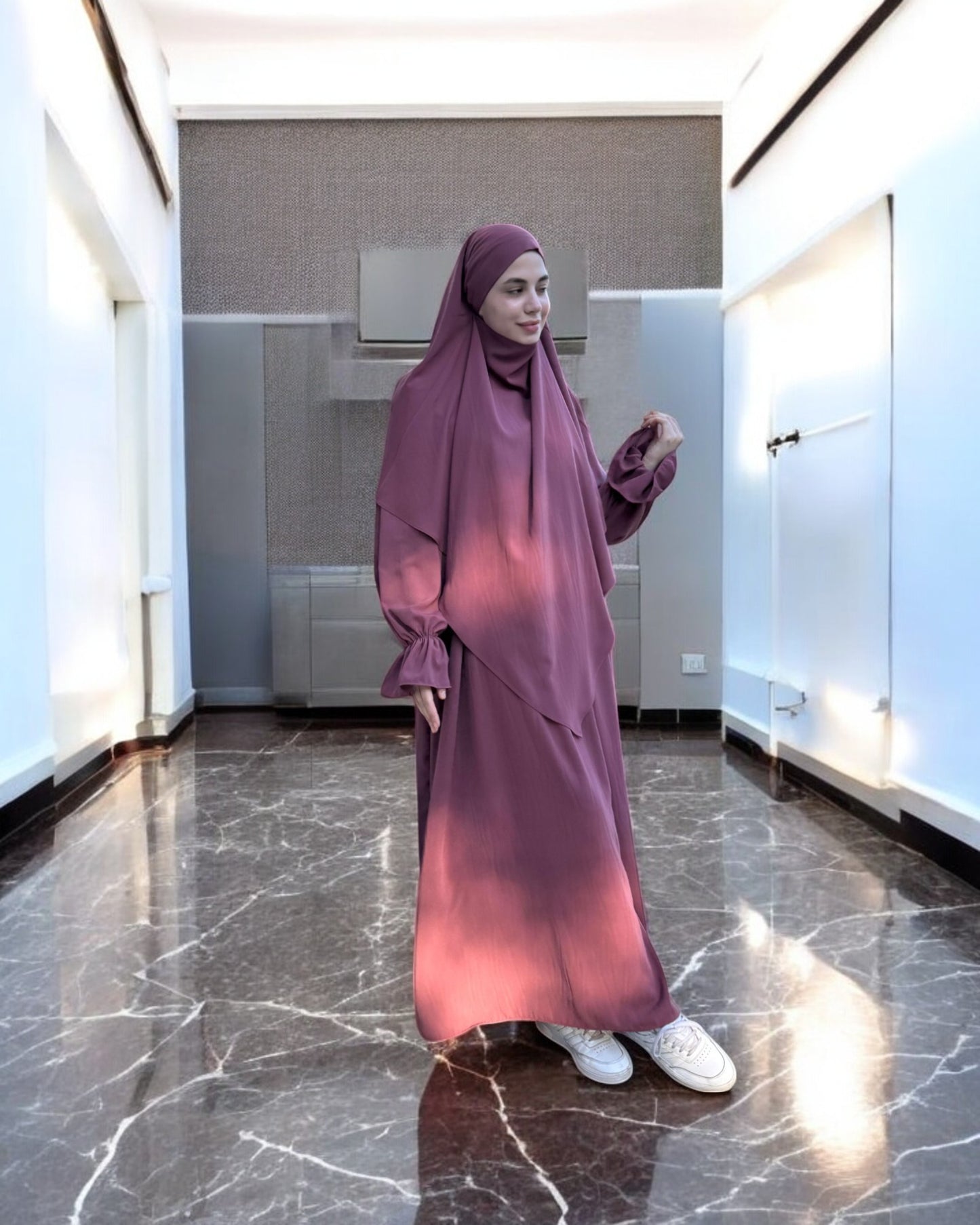 Khimar and A-Line Abaya Set with Elasticated Bell Sleeves