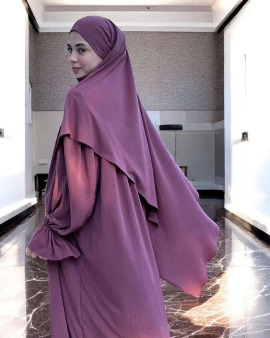Khimar and A-Line Abaya Set with Elasticated Bell Sleeves
