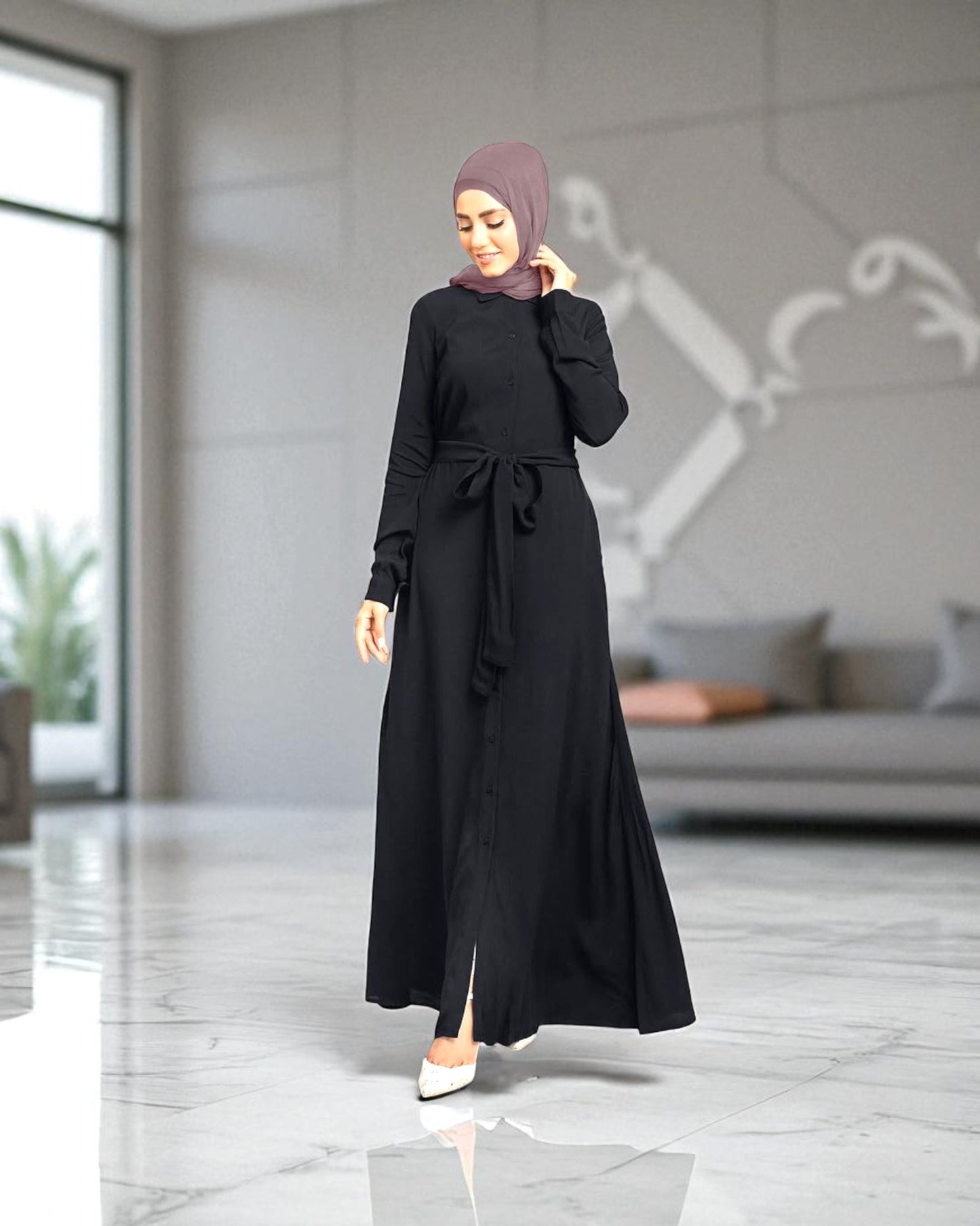 Front Open Firdaus Fabric Abaya with Slim Cuffed Sleeves