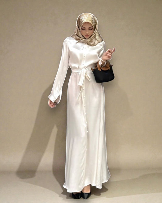 Front Open Armanee Satin Dress with Shirt Collar (Non Abaya)