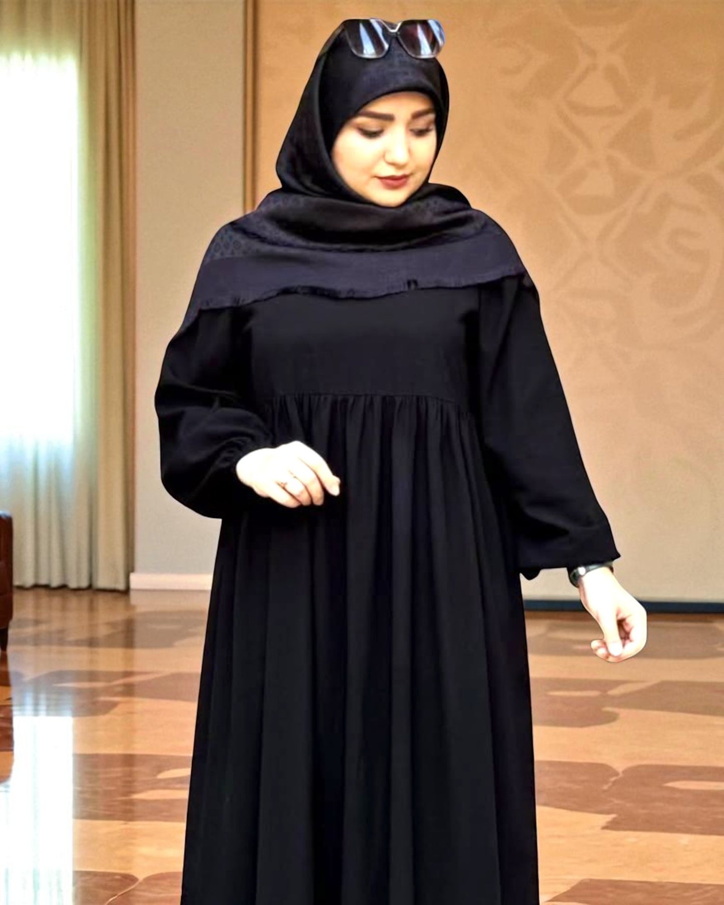 Loose Fit Firdaus Fabric Abaya with Gathered Chestline