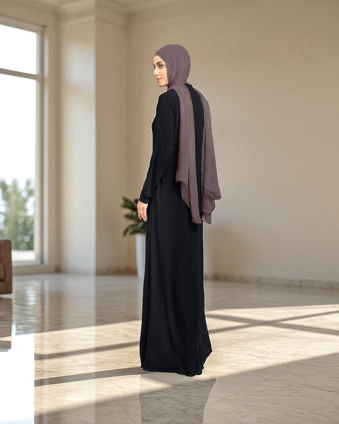 Front Open Firdaus Fabric Abaya with Slim Cuffed Sleeves