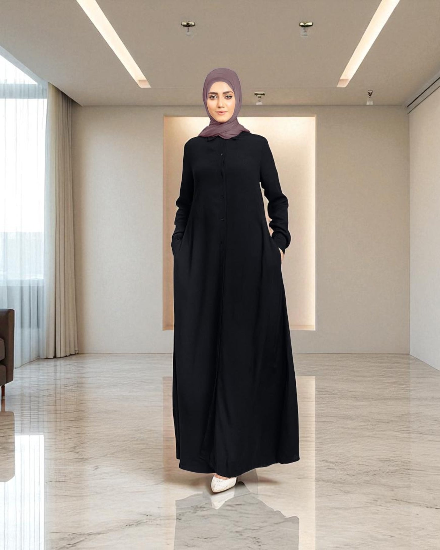 Front Open Firdaus Fabric Abaya with Slim Cuffed Sleeves
