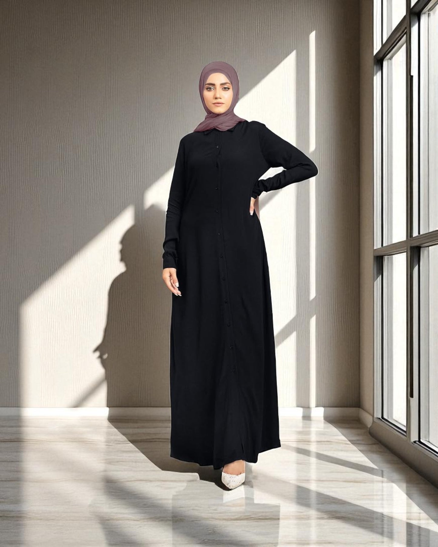 Front Open Firdaus Fabric Abaya with Slim Cuffed Sleeves