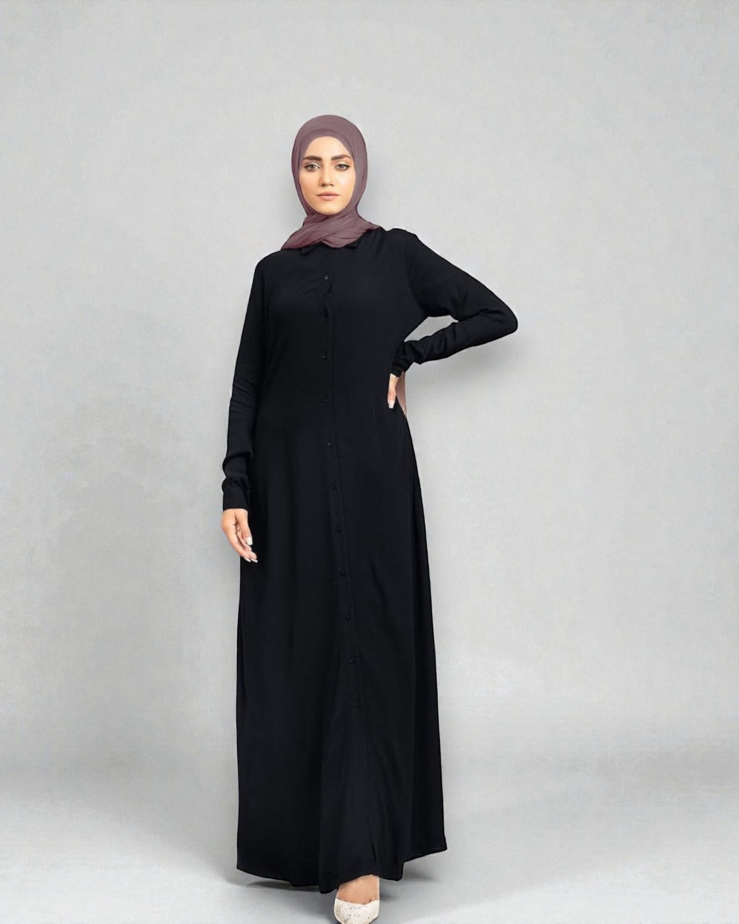 Front Open Firdaus Fabric Abaya Like Dress with Slim Cuffed Sleeves