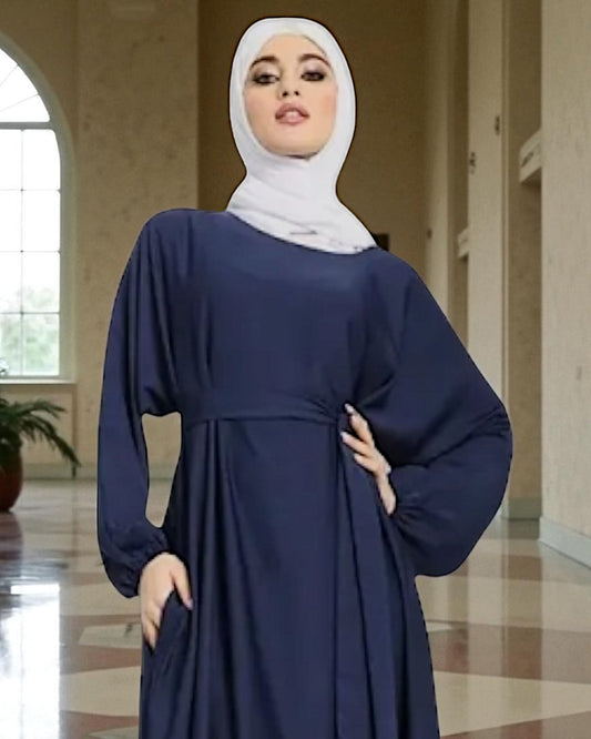 Closed Abaya with Flare - Elasticated Sleeves - Side Pockets - Matching Belt - Complementary Hijab - Nida Satin Fabric