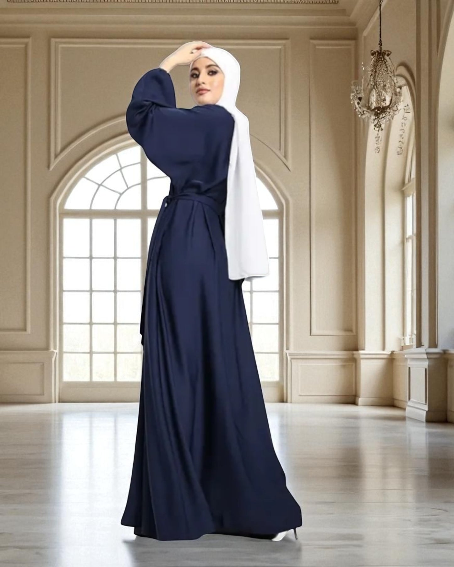 Closed Abaya with Flare - Elasticated Sleeves - Side Pockets - Matching Belt - Complementary Hijab - Nida Satin Fabric
