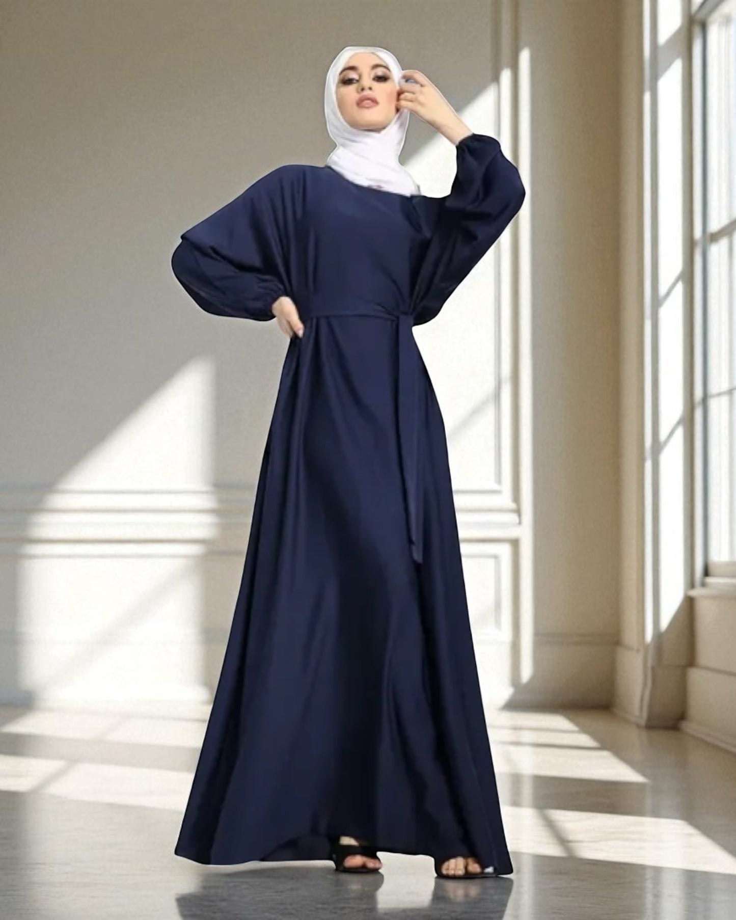 Closed Abaya with Flare - Elasticated Sleeves - Side Pockets - Matching Belt - Complementary Hijab - Nida Satin Fabric