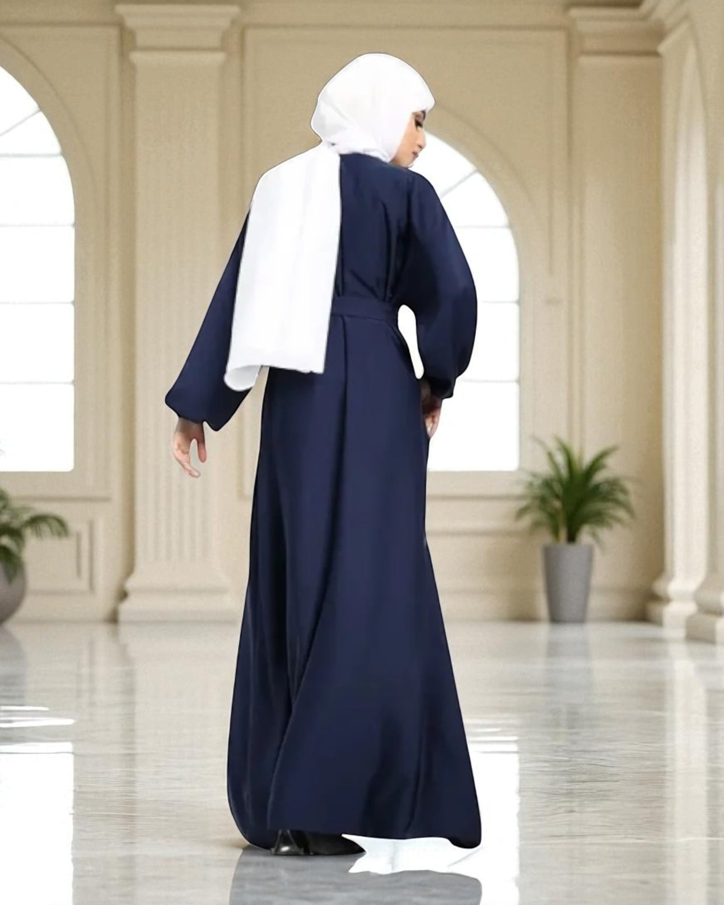 Closed Abaya with Flare - Elasticated Sleeves - Side Pockets - Matching Belt - Complementary Hijab - Nida Satin Fabric