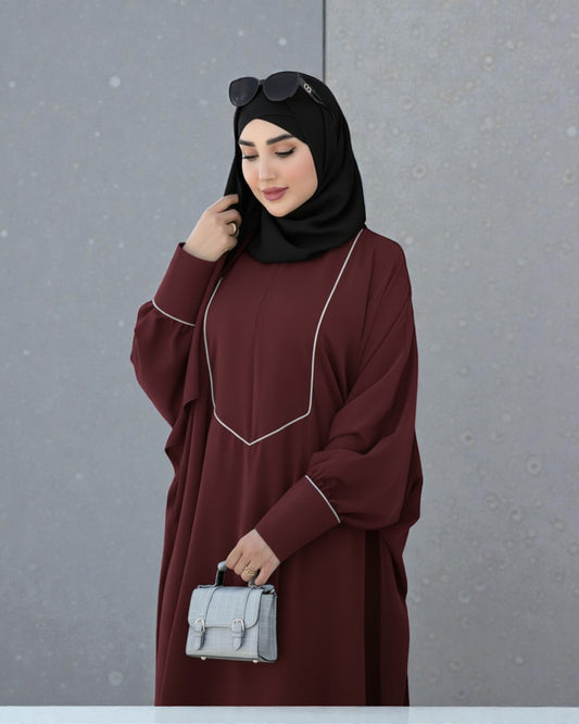 Free Size Kaftan Abaya with Cuffed Sleeves and Contrast Buttons - Piping Design - Concealed Zipper - Luxurious Firdaus Fabric - Matching Hijab
