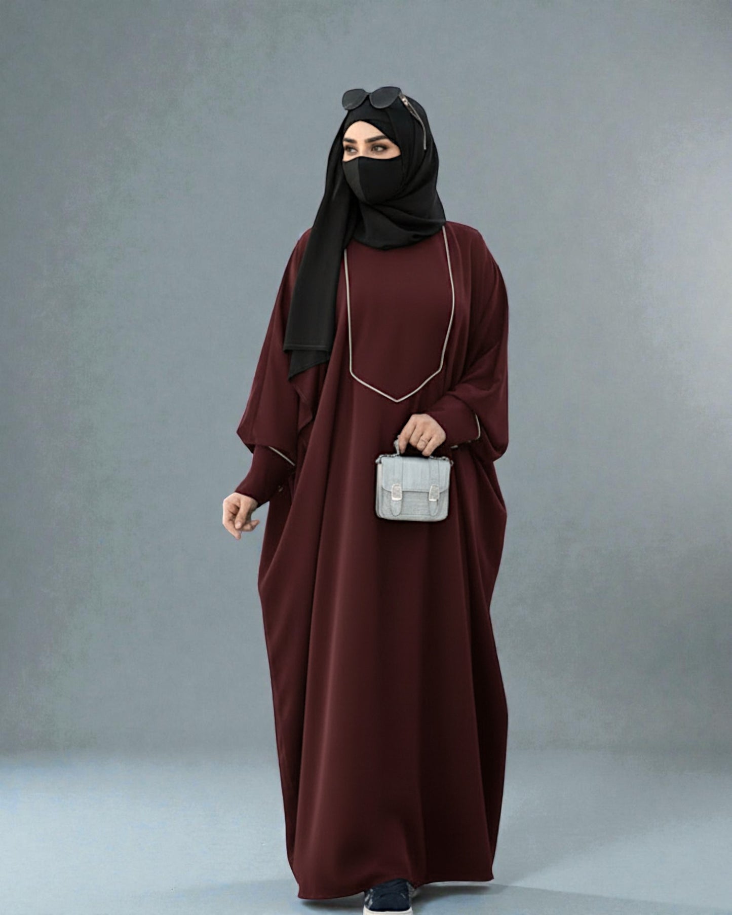 Free Size Kaftan Abaya with Cuffed Sleeves and Contrast Buttons - Piping Design - Concealed Zipper - Luxurious Firdaus Fabric - Matching Hijab