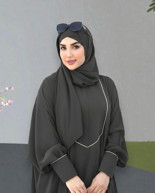 Free Size Kaftan Abaya with Cuffed Sleeves and Contrast Buttons - Piping Design - Concealed Zipper - Luxurious Firdaus Fabric - Matching Hijab