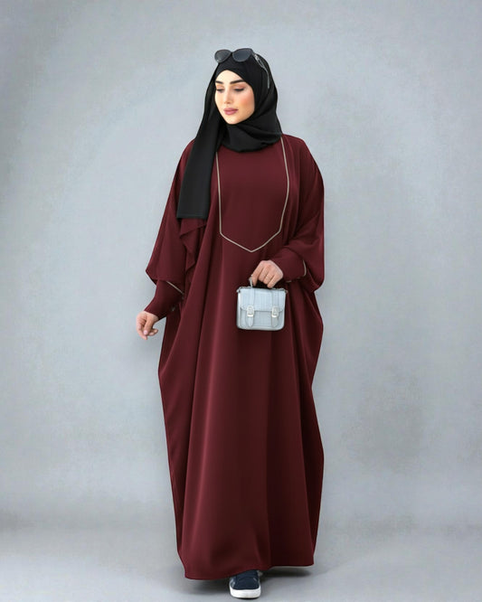 Free Size Kaftan Abaya with Cuffed Sleeves and Contrast Buttons - Piping Design - Concealed Zipper - Luxurious Firdaus Fabric - Matching Hijab