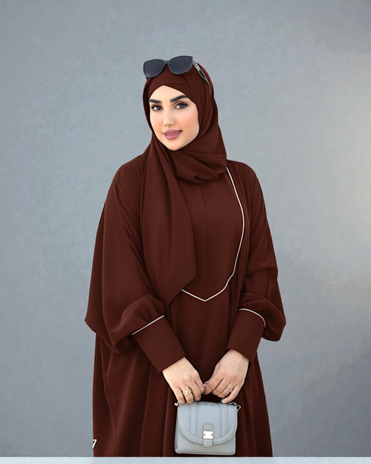 Free Size Kaftan Abaya with Cuffed Sleeves and Contrast Buttons - Piping Design - Concealed Zipper - Luxurious Firdaus Fabric - Matching Hijab