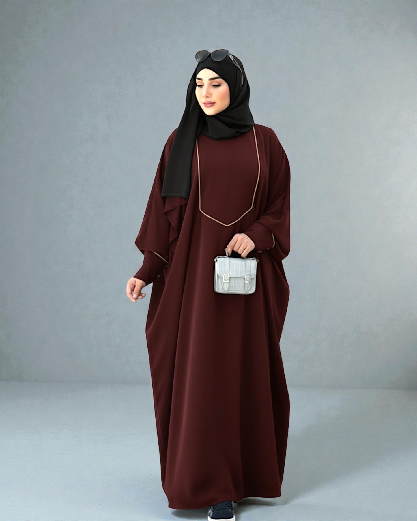 Free Size Kaftan Abaya with Cuffed Sleeves and Contrast Buttons - Piping Design - Concealed Zipper - Luxurious Firdaus Fabric - Matching Hijab