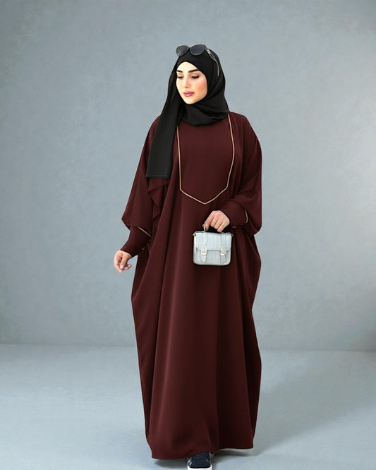 Free Size Kaftan Abaya with Cuffed Sleeves and Contrast Buttons - Piping Design - Concealed Zipper - Luxurious Firdaus Fabric - Matching Hijab