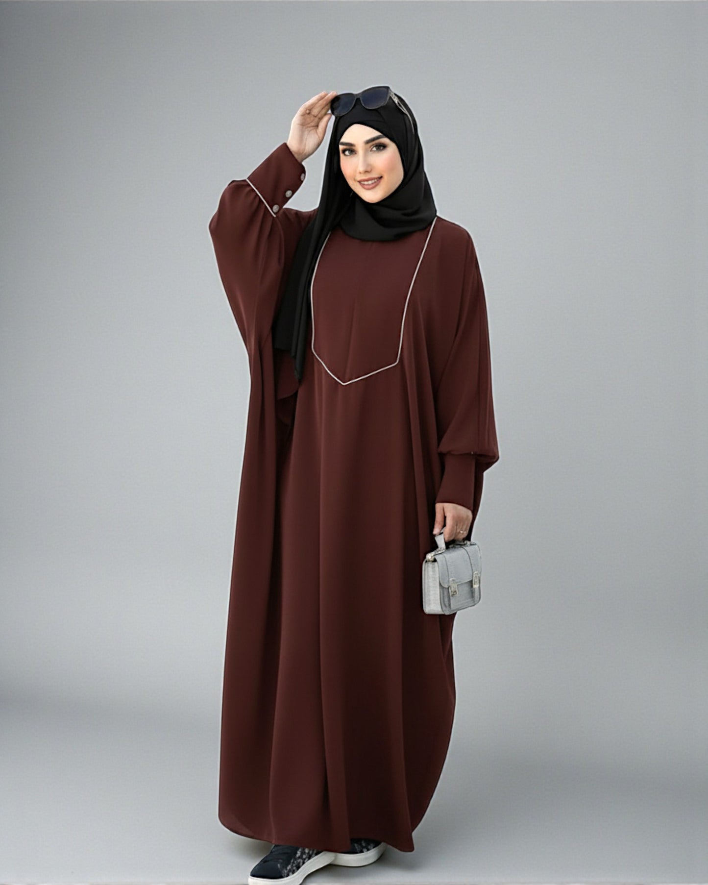Free Size Kaftan Abaya with Cuffed Sleeves and Contrast Buttons - Piping Design - Concealed Zipper - Luxurious Firdaus Fabric - Matching Hijab