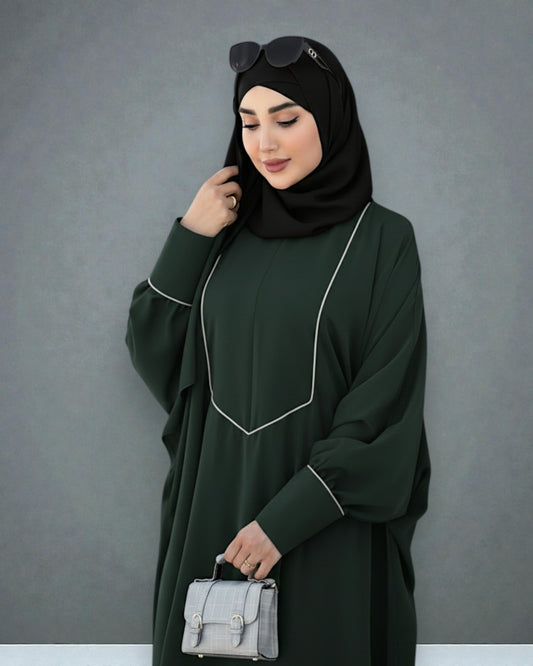 Free Size Kaftan Abaya with Cuffed Sleeves and Contrast Buttons - Piping Design - Concealed Zipper - Luxurious Firdaus Fabric - Matching Hijab