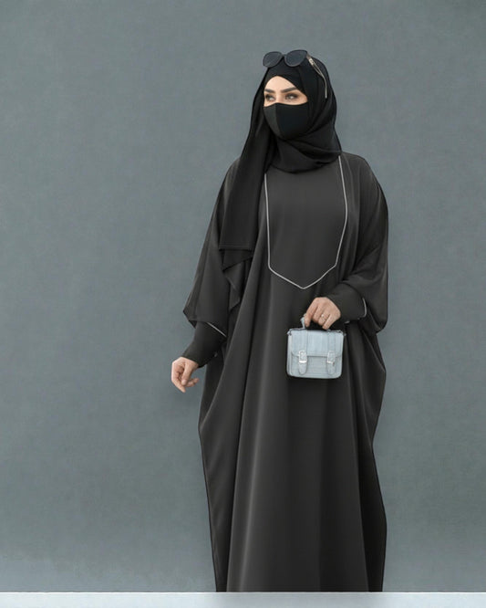 Free Size Kaftan Abaya with Cuffed Sleeves and Contrast Buttons - Piping Design - Concealed Zipper - Luxurious Firdaus Fabric - Matching Hijab