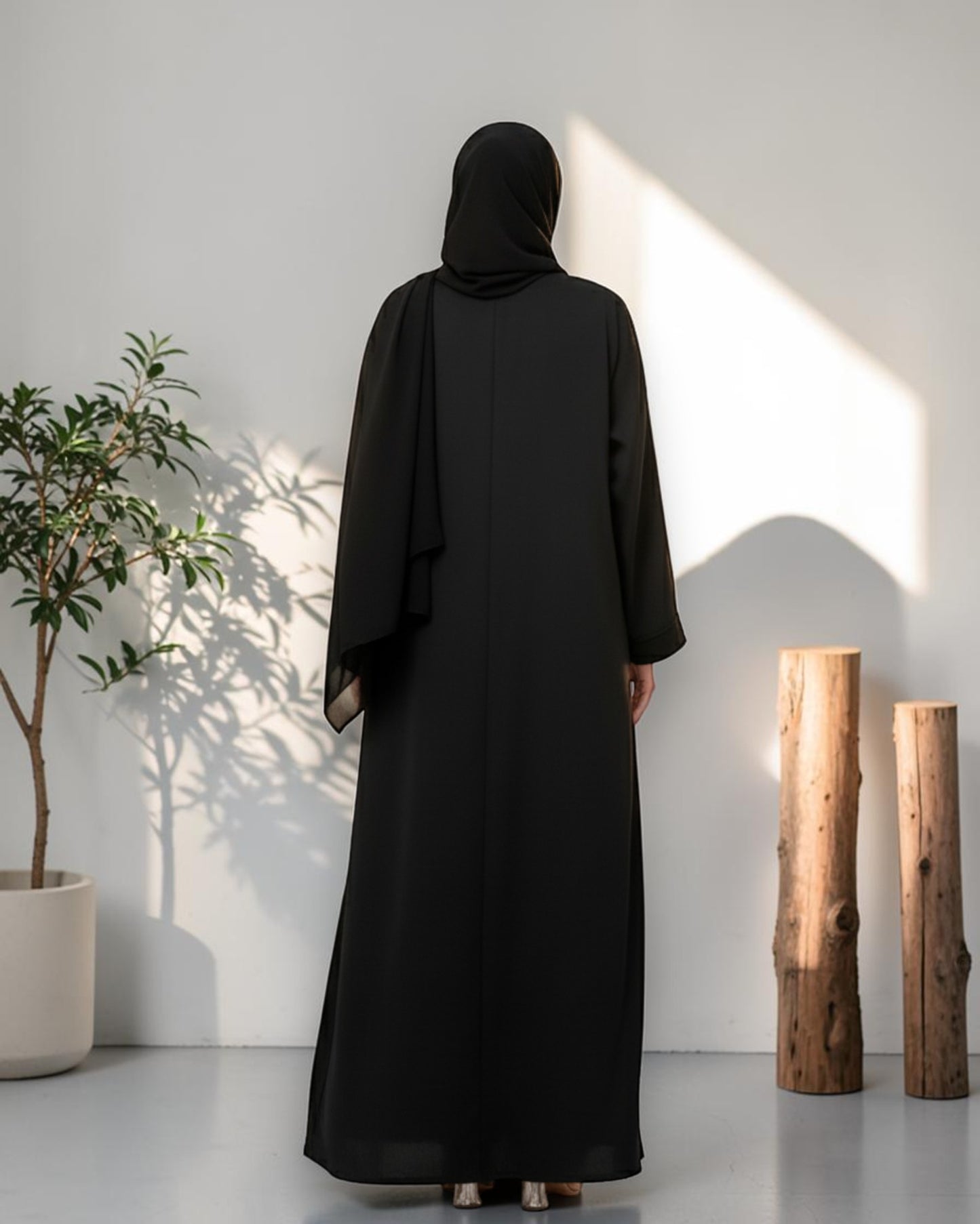 Black Front Open Abaya With Plain Hijab