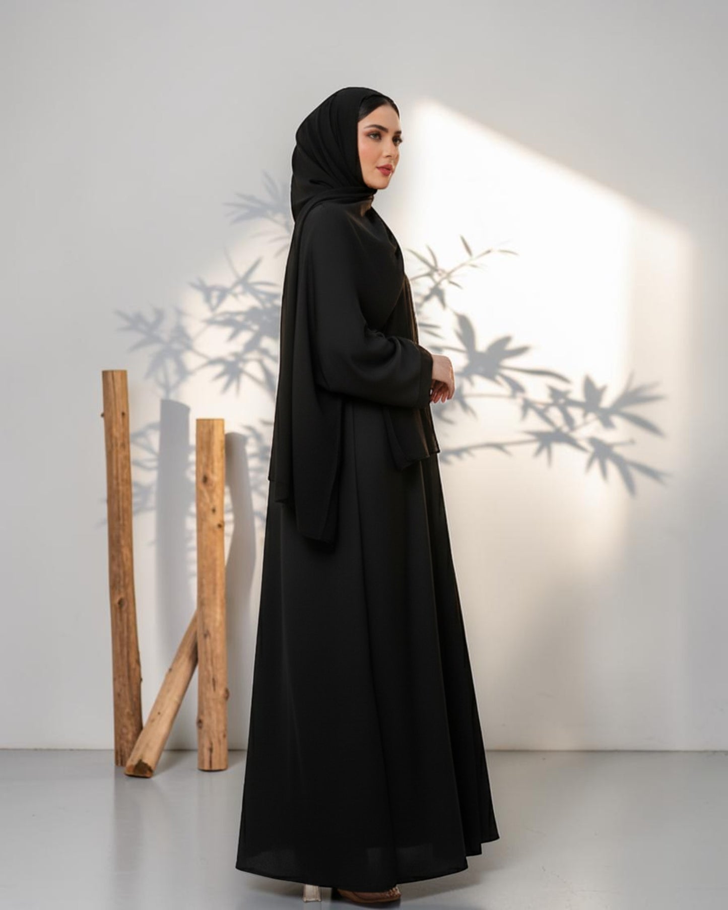 Black Front Open Abaya With Plain Hijab