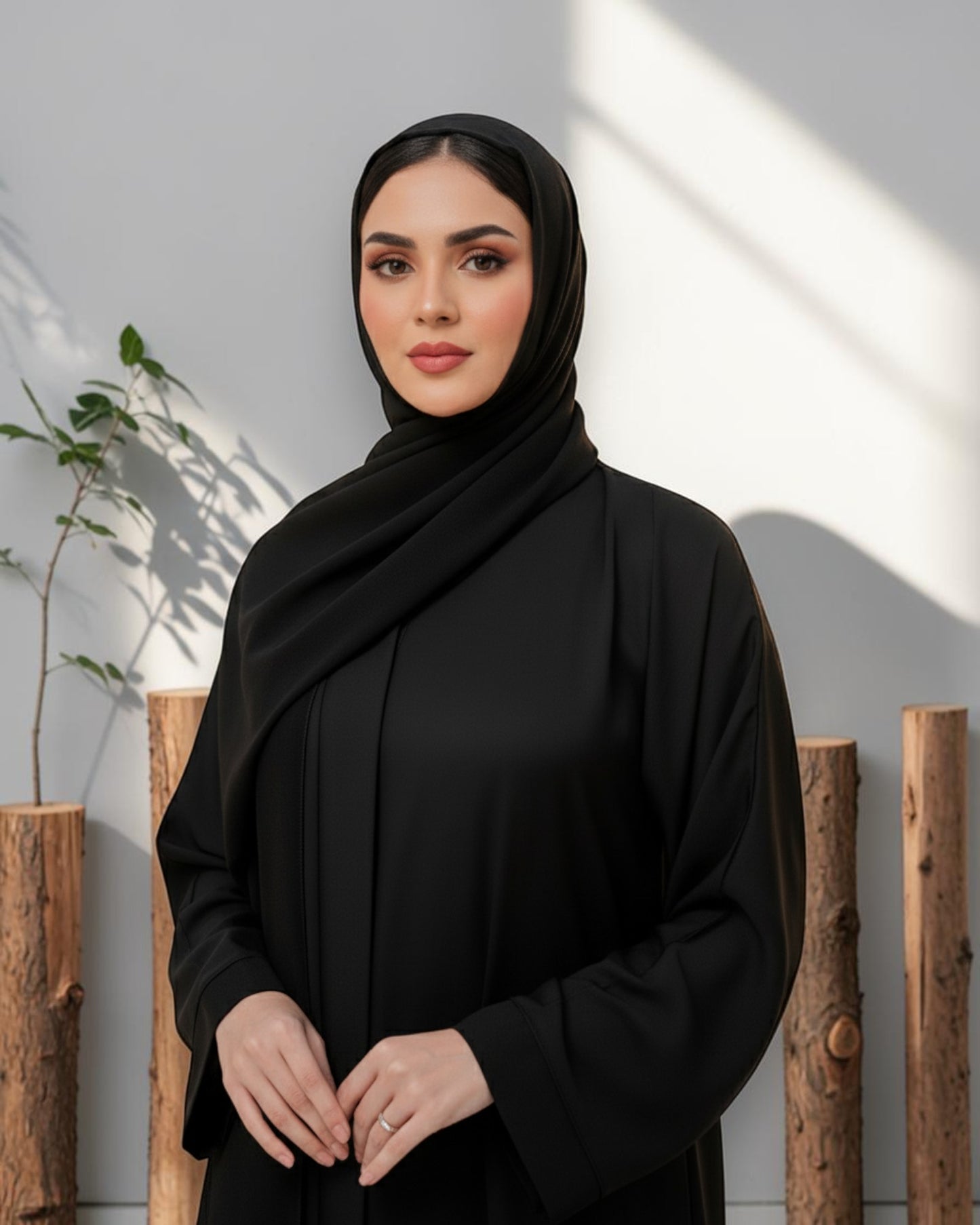 Black Front Open Abaya With Plain Hijab