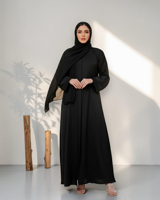 Black Front Open Abaya With Plain Hijab