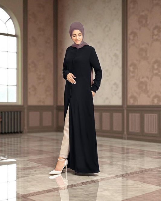 Front Open Firdaus Fabric Abaya with Slim Cuffed Sleeves