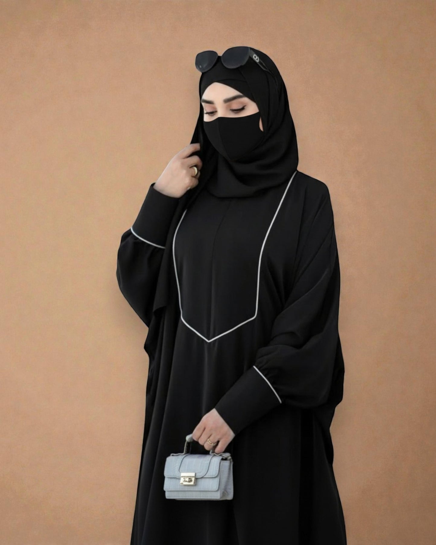 Free Size Kaftan Abaya with Cuffed Sleeves and Contrast Buttons - Piping Design - Concealed Zipper - Luxurious Firdaus Fabric - Matching Hijab