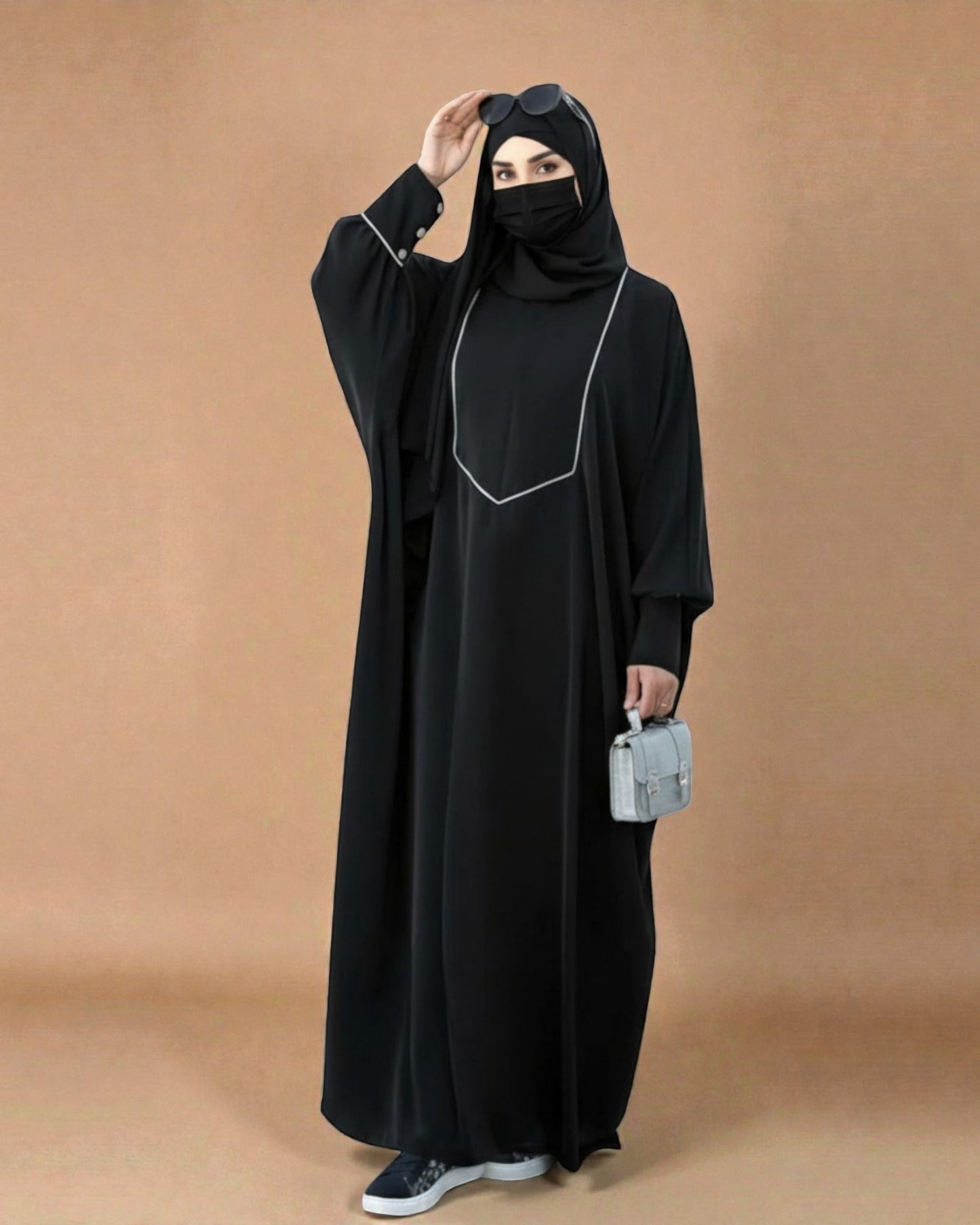 Free Size Kaftan Abaya with Cuffed Sleeves and Contrast Buttons - Piping Design - Concealed Zipper - Luxurious Firdaus Fabric - Matching Hijab
