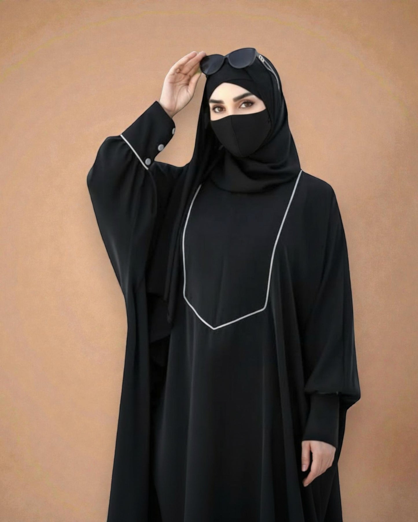 Free Size Kaftan Abaya with Cuffed Sleeves and Contrast Buttons - Piping Design - Concealed Zipper - Luxurious Firdaus Fabric - Matching Hijab
