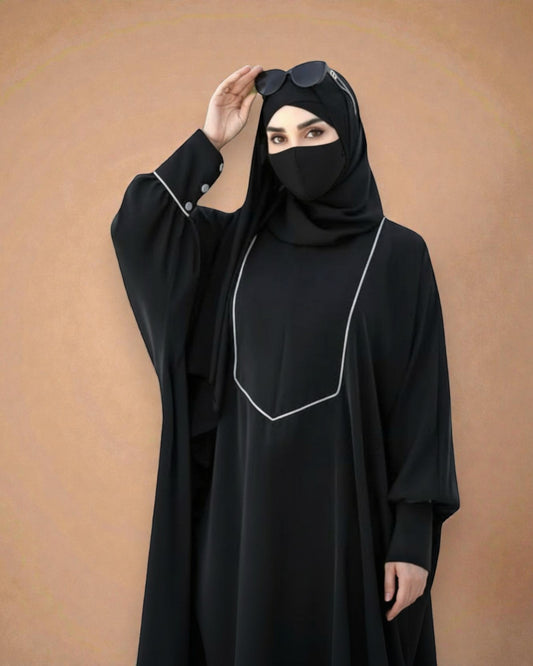 Free Size Kaftan Abaya with Cuffed Sleeves and Contrast Buttons - Piping Design - Concealed Zipper - Luxurious Firdaus Fabric - Matching Hijab