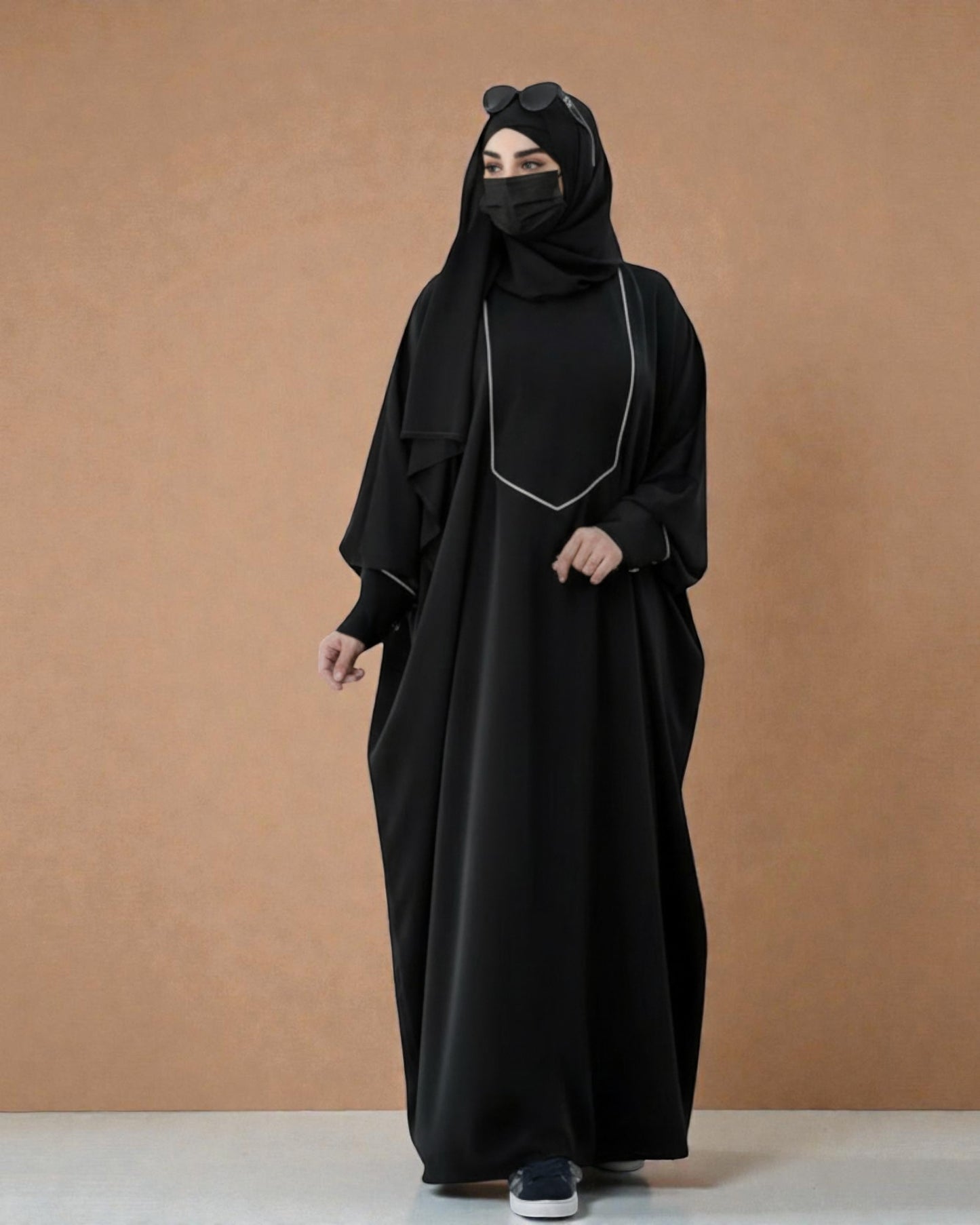 Free Size Kaftan Abaya with Cuffed Sleeves and Contrast Buttons - Piping Design - Concealed Zipper - Luxurious Firdaus Fabric - Matching Hijab