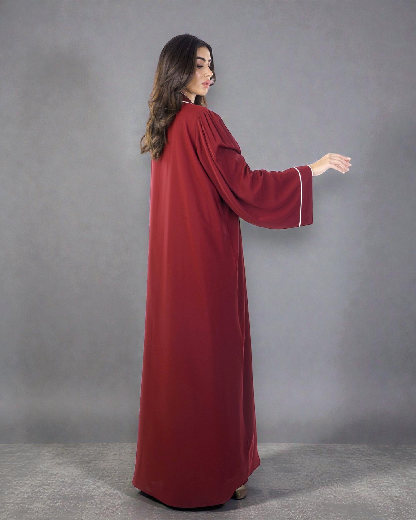 Front Open Maroon Abaya in Firdaus Fabric with White Piping, Snap Buttons, Wide Sleeves & V-Neck
