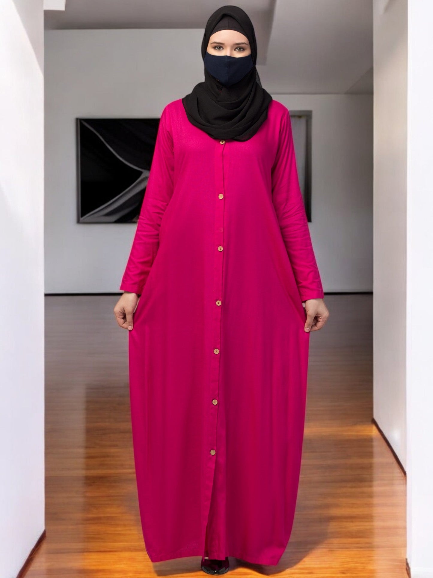 Elegant Front Open Abaya Dress with Wooden Button