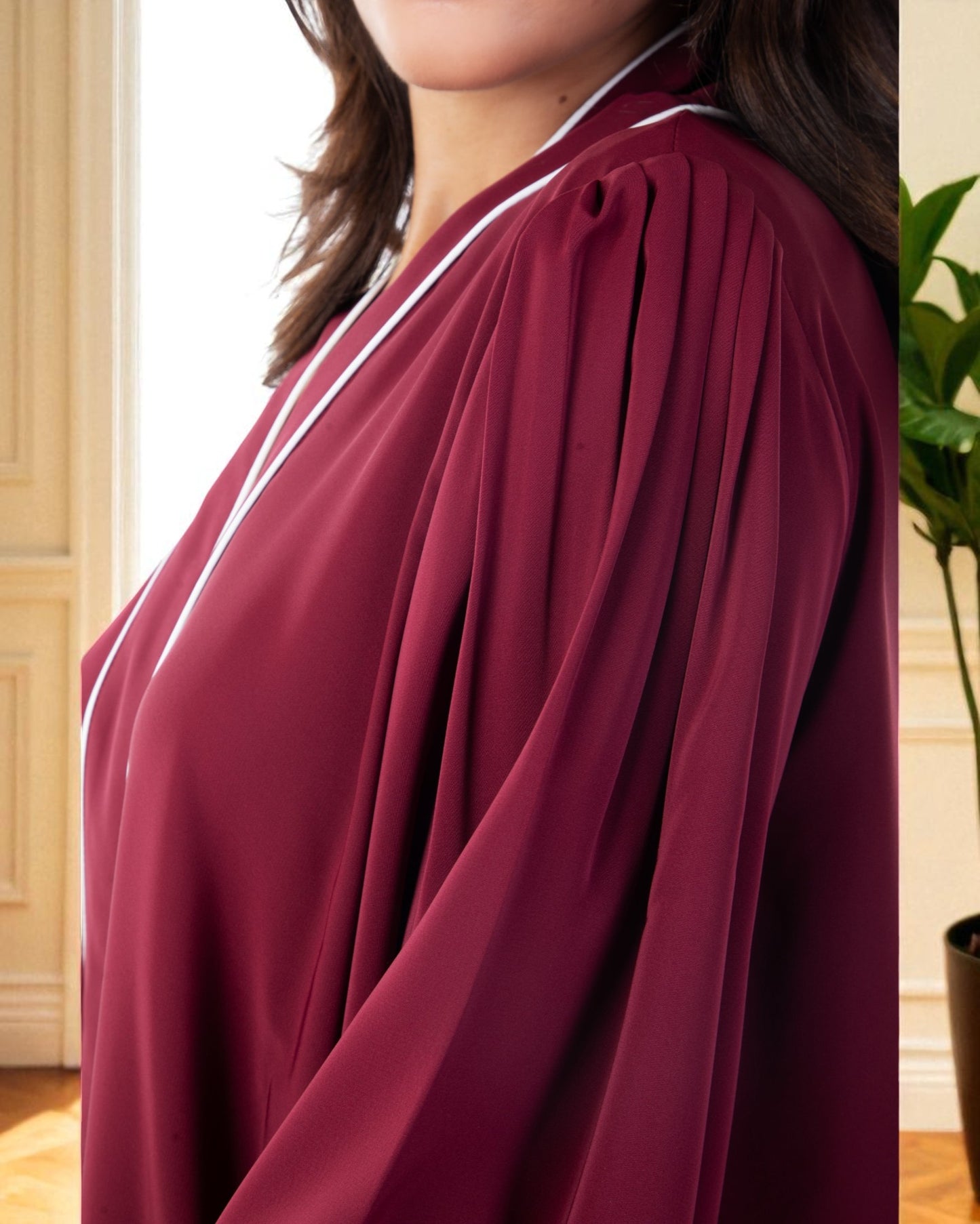 Front Open Maroon Abaya in Firdaus Fabric with White Piping, Snap Buttons, Wide Sleeves & V-Neck