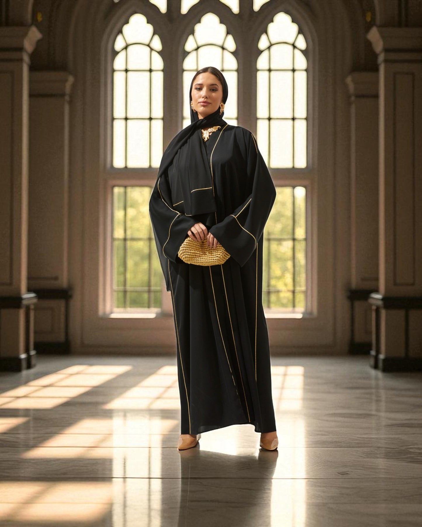 Front Open Abaya with Piping Design - Firdaus Fabric - Wide Sleeves with Contrast Piping - Side Pockets - Complementary Hijab