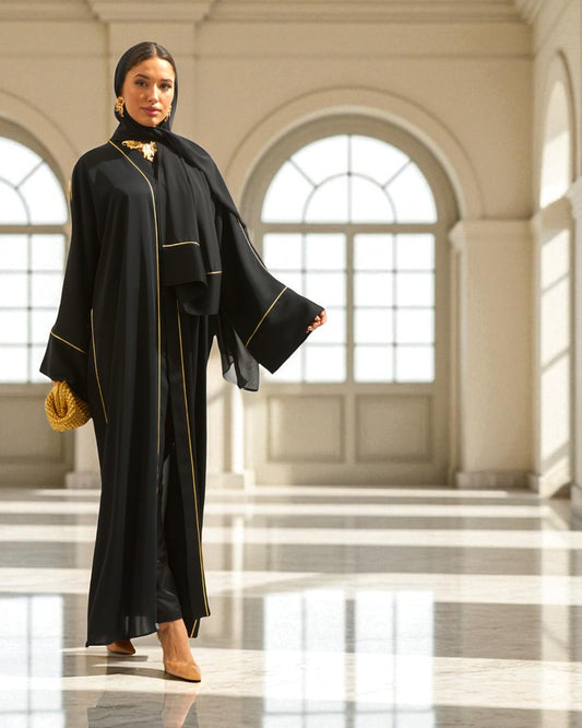 Front Open Abaya with Piping Design - Firdaus Fabric - Wide Sleeves with Contrast Piping - Side Pockets - Complementary Hijab