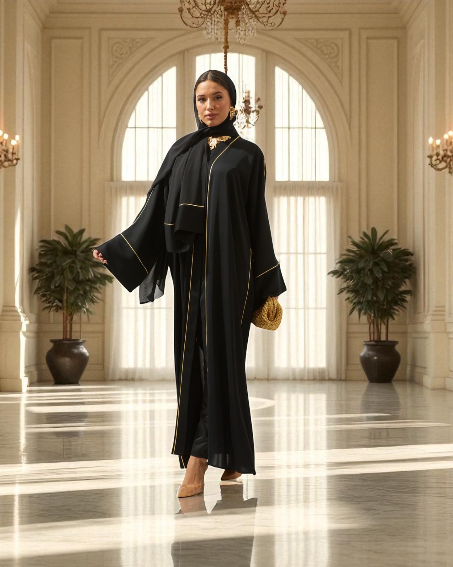 Front Open Abaya with Piping Design - Firdaus Fabric - Wide Sleeves with Contrast Piping - Side Pockets - Complementary Hijab