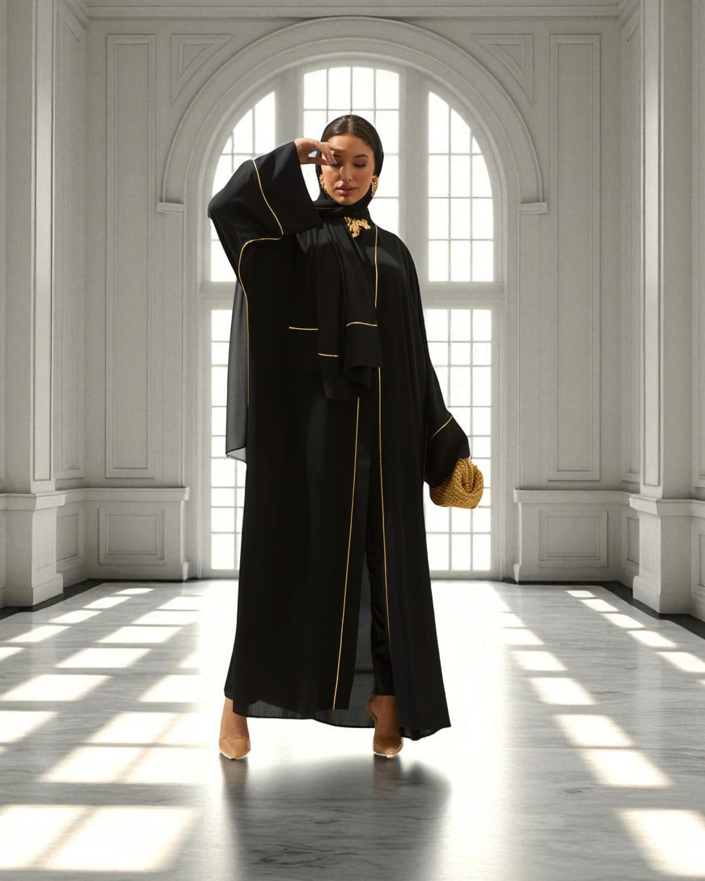 Front Open Abaya with Piping Design - Firdaus Fabric - Wide Sleeves with Contrast Piping - Side Pockets - Complementary Hijab