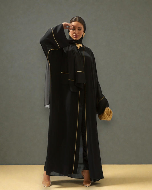 Front Open Abaya with Piping Design - Firdaus Fabric - Wide Sleeves with Contrast Piping - Side Pockets - Complementary Hijab