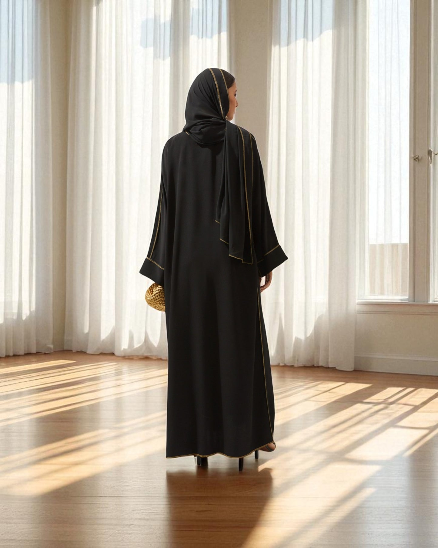 Front Open Abaya with Piping Design - Firdaus Fabric - Wide Sleeves with Contrast Piping - Side Pockets - Complementary Hijab