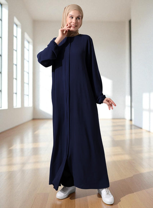 front open abaya in zoom crush fabric. Placket designs, elasticated sleeves, complementary Hijab