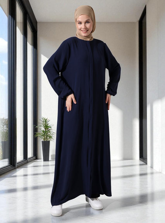 front open abaya in zoom crush fabric. Placket designs, elasticated sleeves, complementary Hijab