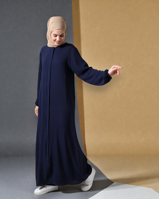 front open abaya in zoom crush fabric. Placket designs, elasticated sleeves, complementary Hijab