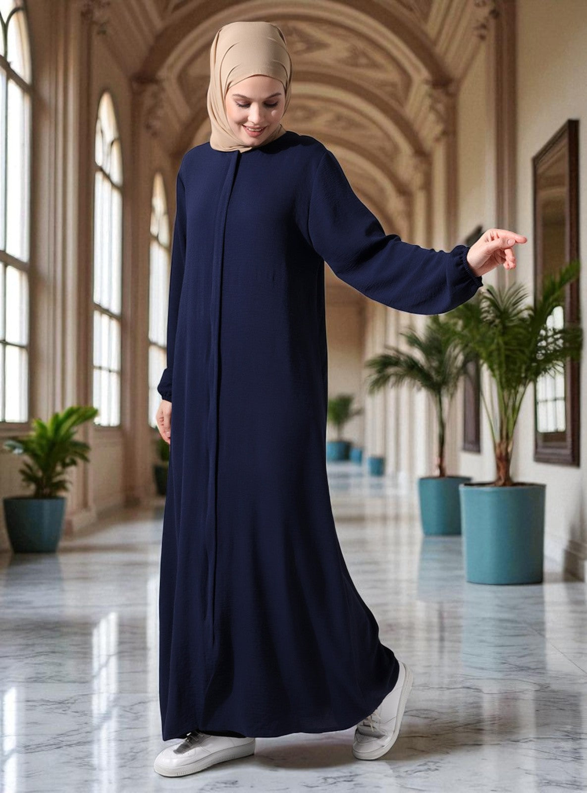 front open abaya in zoom crush fabric. Placket designs, elasticated sleeves, complementary Hijab