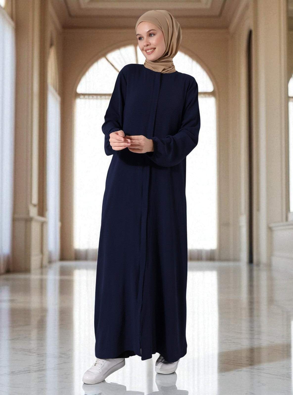 front open abaya in zoom crush fabric. Placket designs, elasticated sleeves, complementary Hijab