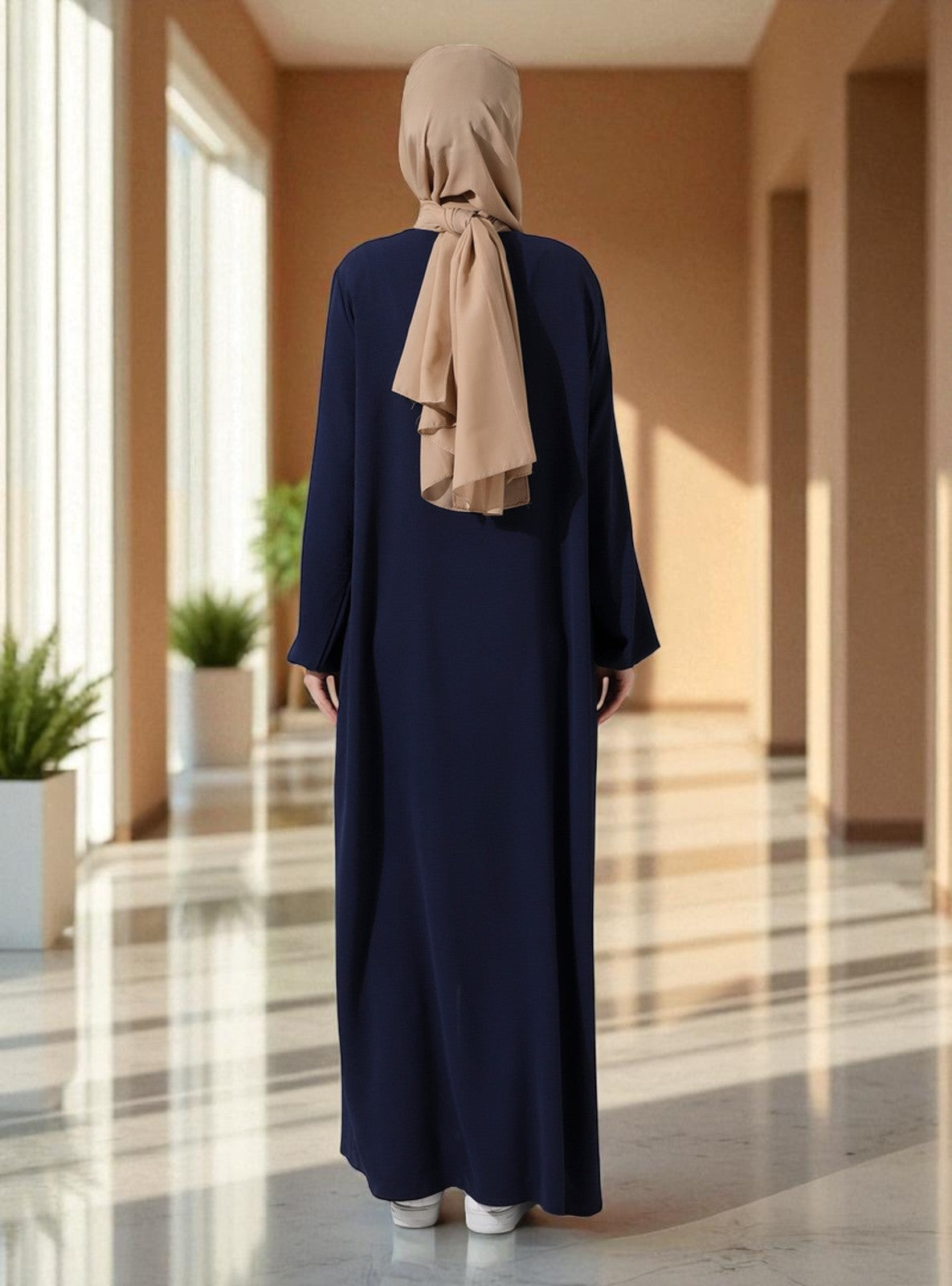 front open abaya in zoom crush fabric. Placket designs, elasticated sleeves, complementary Hijab